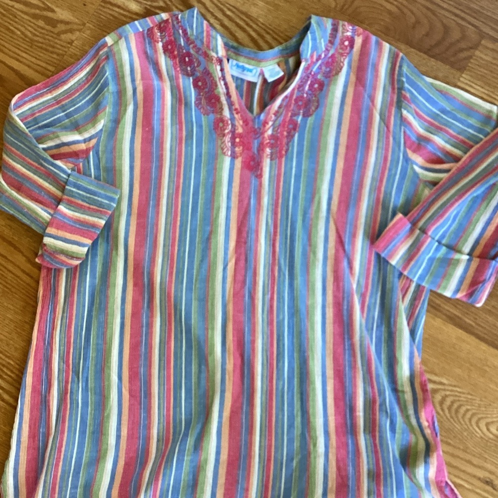 ' Multi-Stripe Long-Sleeve Tunic Top with Pink embroidery cotton
